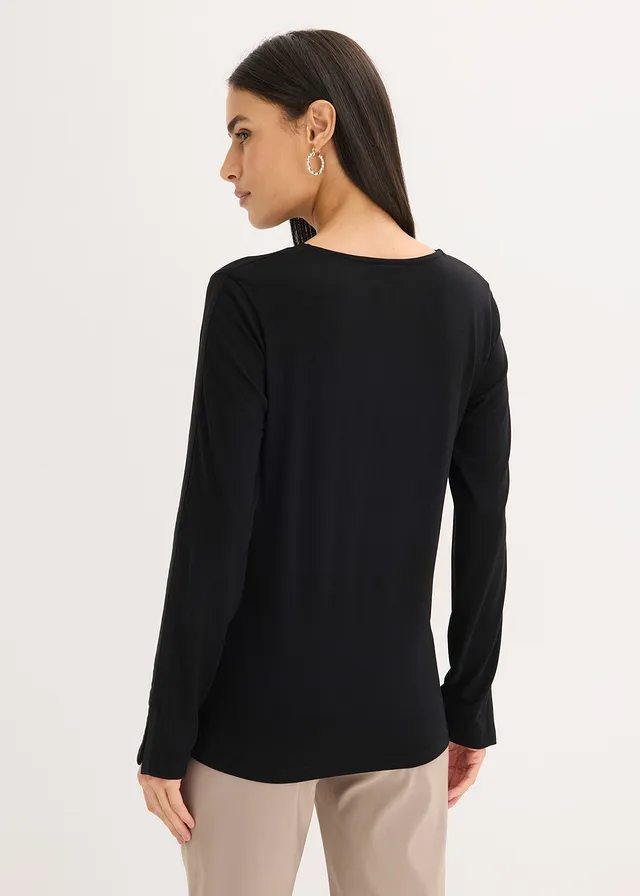 Longsleeve met satijnen versiering, Kleur: zwart