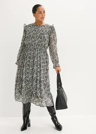 Midi jurk met volants, Kleur: zwart-wit gebloemd
