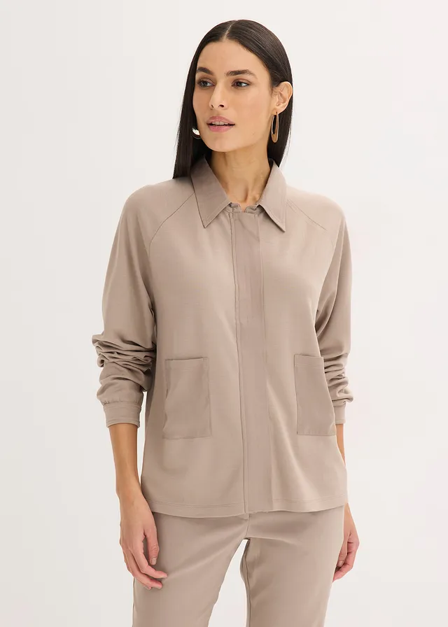 Veste légère en Punto di Roma avec bordure en satin, Couleur: taupe