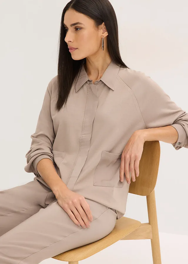 Veste légère en Punto di Roma avec bordure en satin • taupe • product-page.page-title-suffix