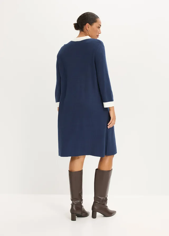 Gebreide jurk, Kleur: donkerblauw-wolwit