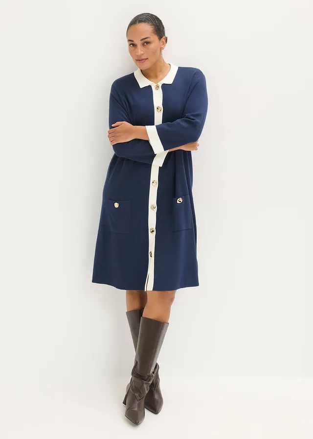 Gebreide jurk, Kleur: donkerblauw-wolwit