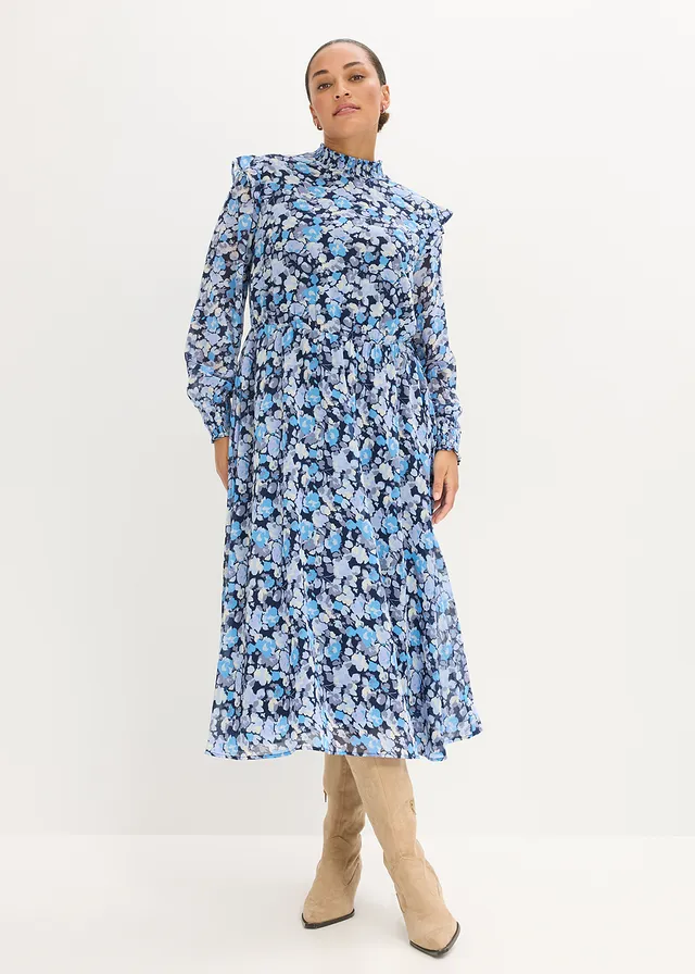 Jurk van chiffon met opstaande kraag, Kleur: blauw gebloemd