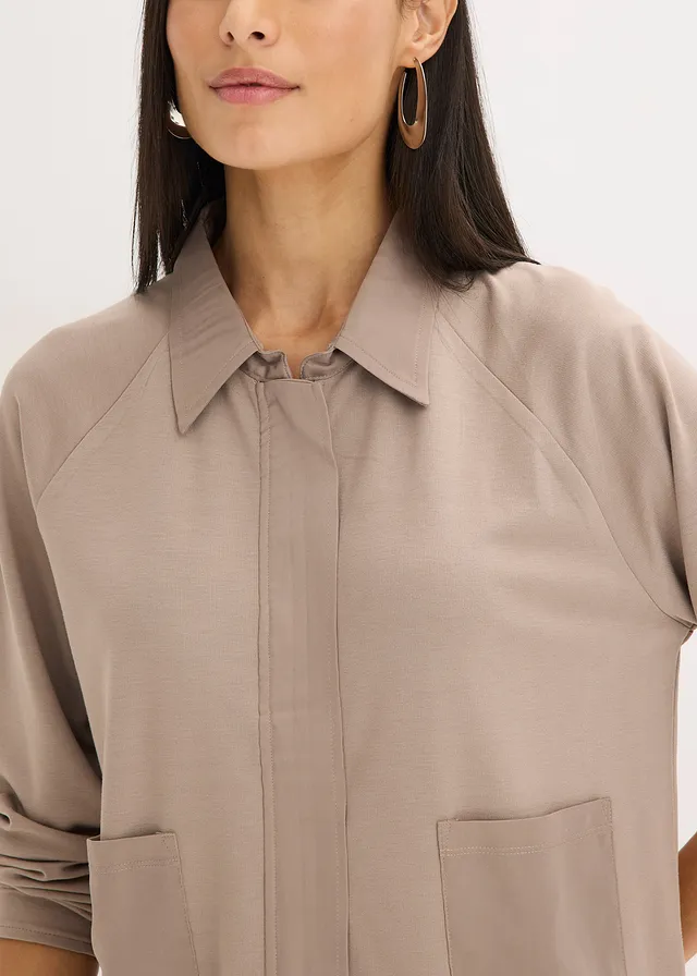 Veste légère en Punto di Roma avec bordure en satin • taupe • product-page.page-title-suffix