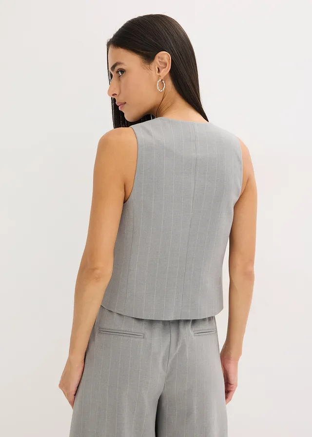 Kostuumgilet met krijtstrepen, Kleur: grijs-beige gestreept