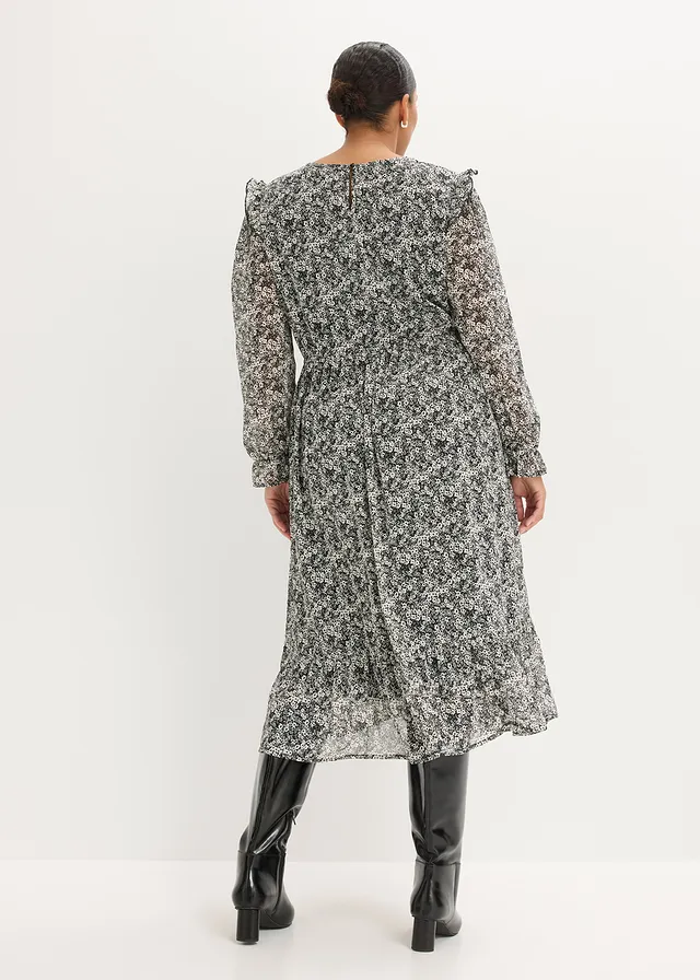 Robe midi à volants, Couleur: noir-blanc floral