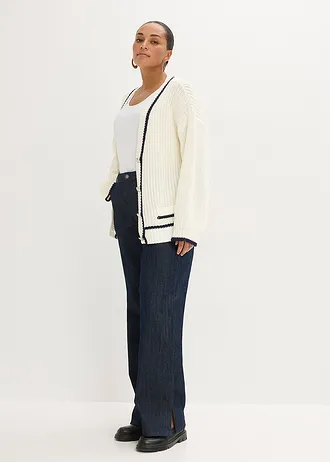 Grof gebreide cardigan in een katoenmix, Kleur: wolwit-donkerblauw