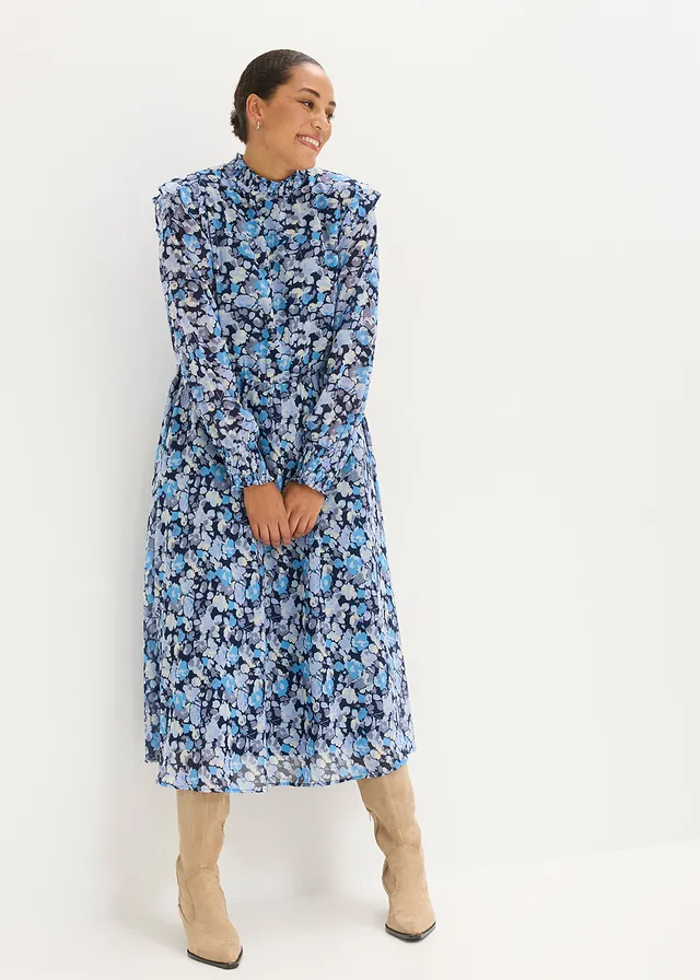 Jurk van chiffon met opstaande kraag, Kleur: blauw gebloemd