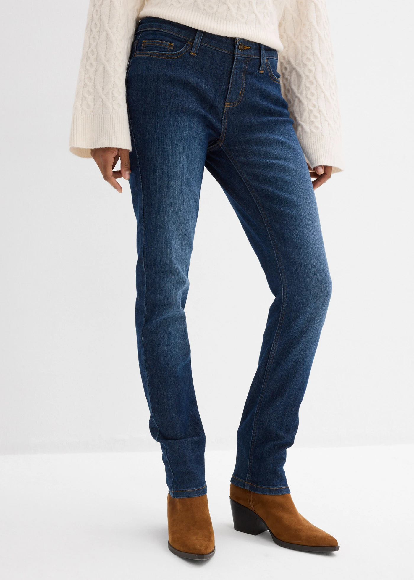 Jeansy skinny ze stretchem, mid waist • ciemnoniebieski "used" • sklep bonprix