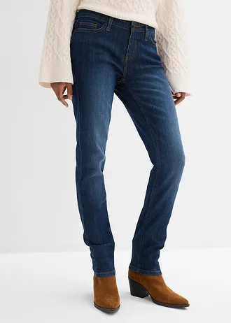 Jeansy skinny ze stretchem, mid waist • ciemnoniebieski "used" • sklep bonprix