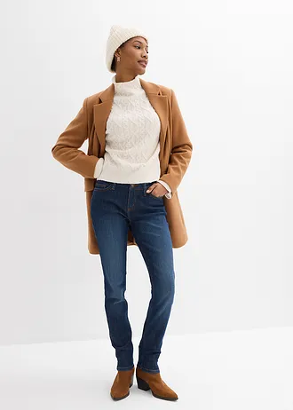 Jeansy skinny ze stretchem, mid waist • ciemnoniebieski "used" • sklep bonprix