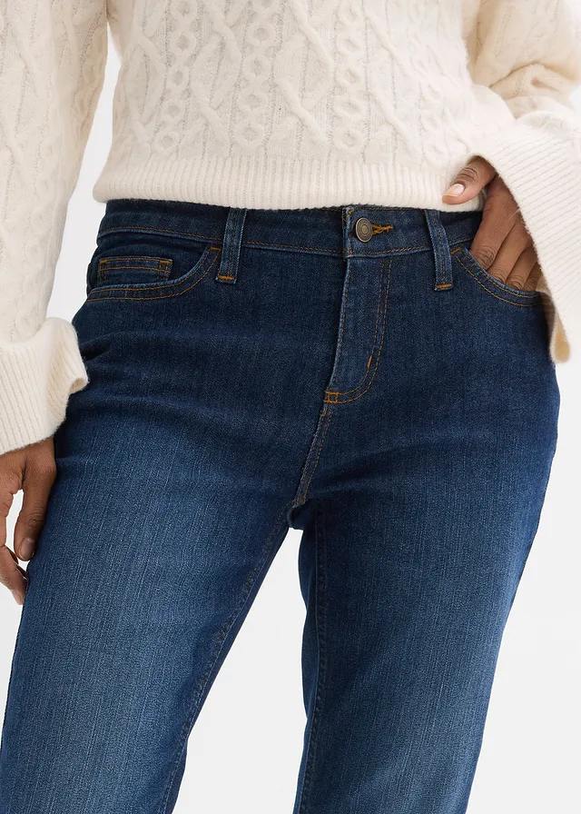 Jeansy skinny ze stretchem, mid waist • ciemnoniebieski "used" • sklep bonprix
