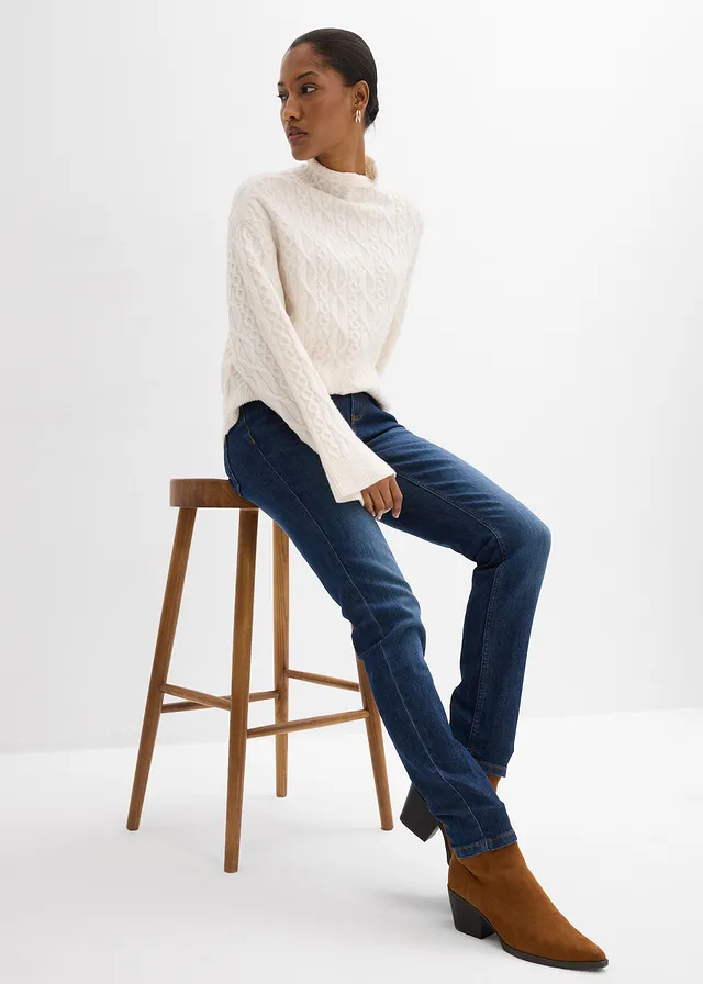 Jeansy skinny ze stretchem, mid waist • ciemnoniebieski "used" • sklep bonprix