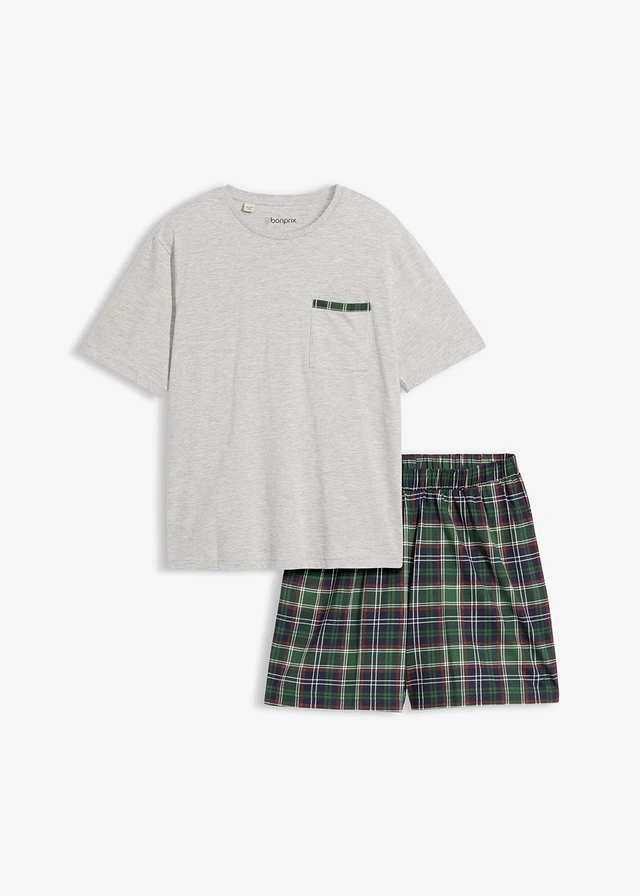 Pyjashort avec T-shirt à poche poitrine, Couleur: gris clair chiné-vert foncé carreaux