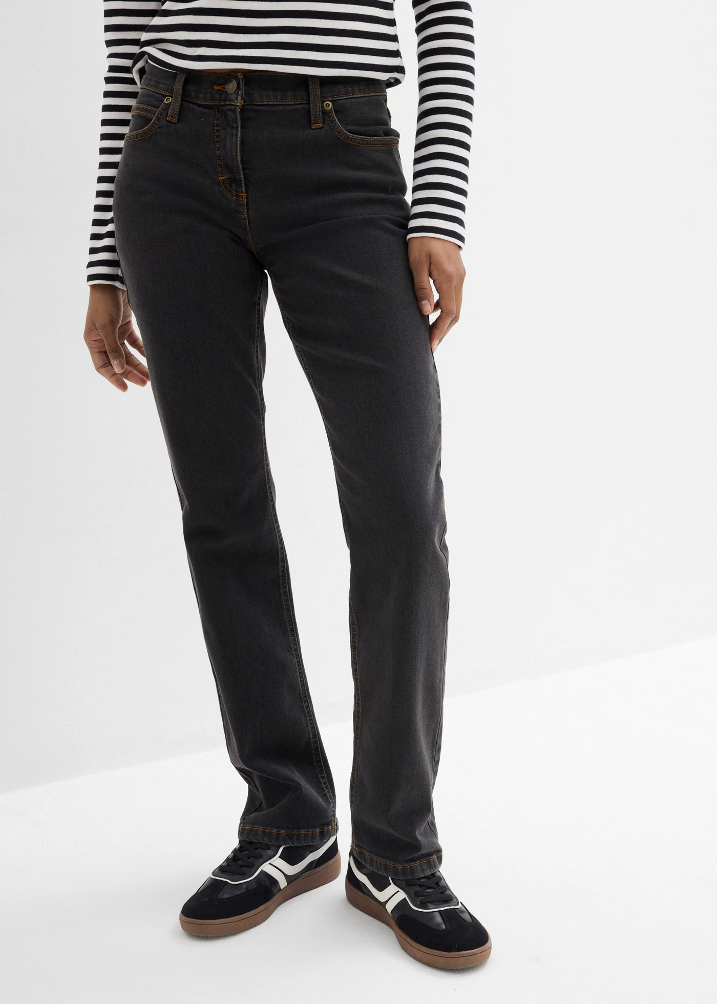 Mid waist stretch jeans, straight • zwart denim • bonprix online shop