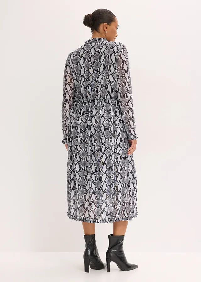 Midi jurk van zacht mesh, Kleur: zwart-wit slangenprint