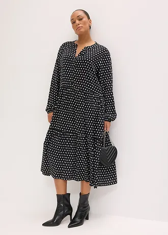 Midi jurk van soepele viscose, Kleur: zwart gestippeld