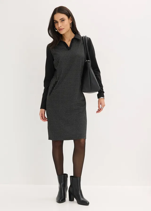 Robe en jacquard à col contrastant • noir-écru carreaux • product-page.page-title-suffix