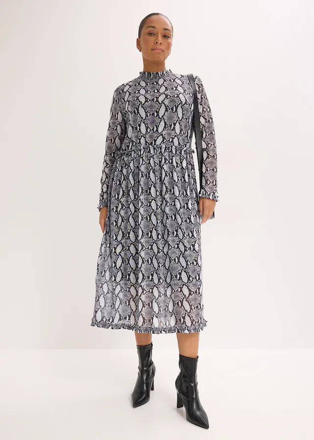 Midi jurk van zacht mesh, Kleur: zwart-wit slangenprint
