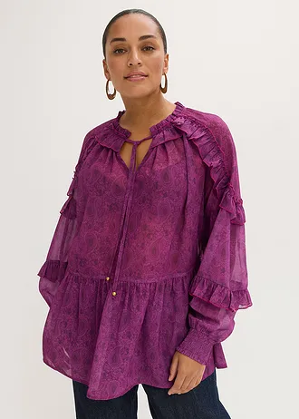 Chiffon blouse met ruches, Kleur: donkerpaars paisley
