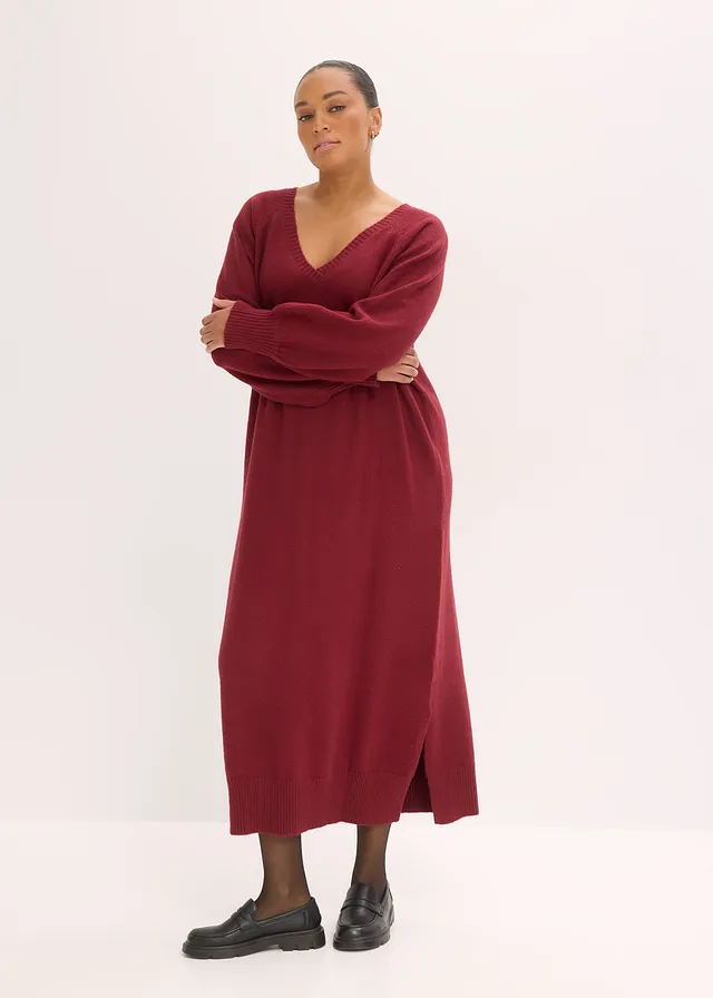 Robe midi oversize en maille, Couleur: rouge rubis
