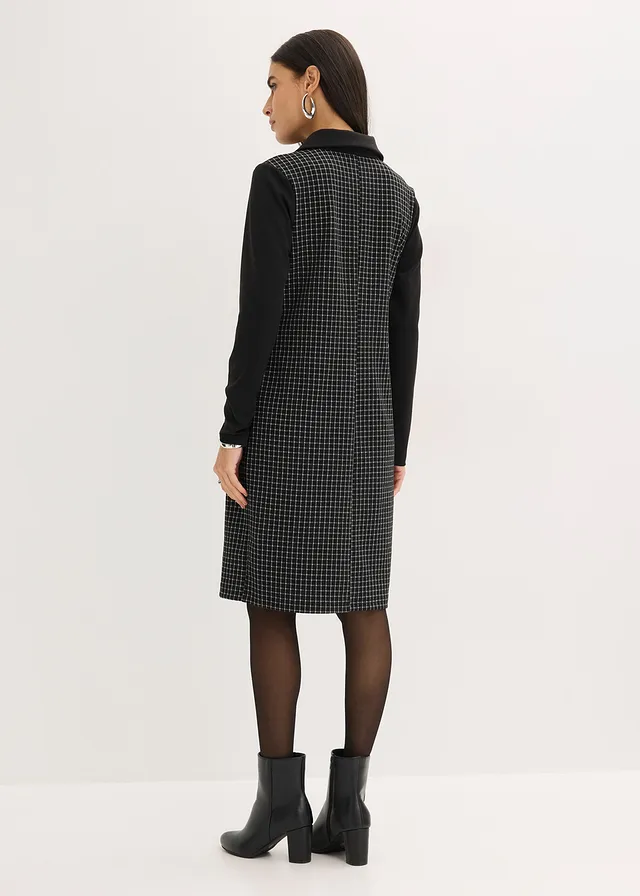 Robe en jacquard à col contrastant, Couleur: noir-écru carreaux