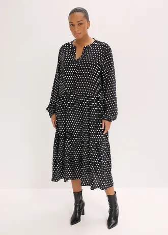 Midi jurk van soepele viscose, Kleur: zwart gestippeld