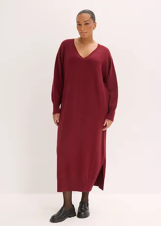 Gebreide oversized midi jurk, Kleur: robijnrood