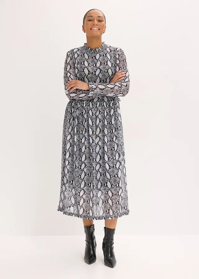 Midi jurk van zacht mesh, Kleur: zwart-wit slangenprint