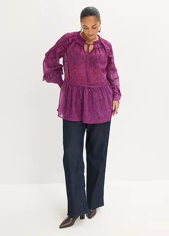 Chiffon blouse met ruches, Kleur: donkerpaars paisley