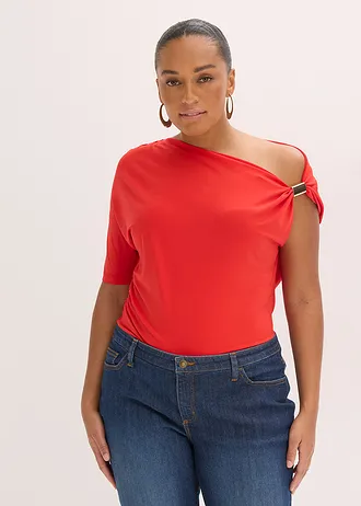 Shirt met asymmetrische halslijn, Kleur: aardbeirood