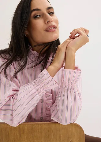Popeline blouse met rucheskraag • kristalroze-lichtgeel-arctisch blauw gestreept • bonprix online shop