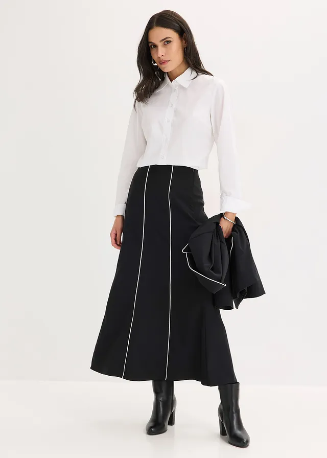 Jupe longue et extensible en bengaline, Couleur: noir-écru
