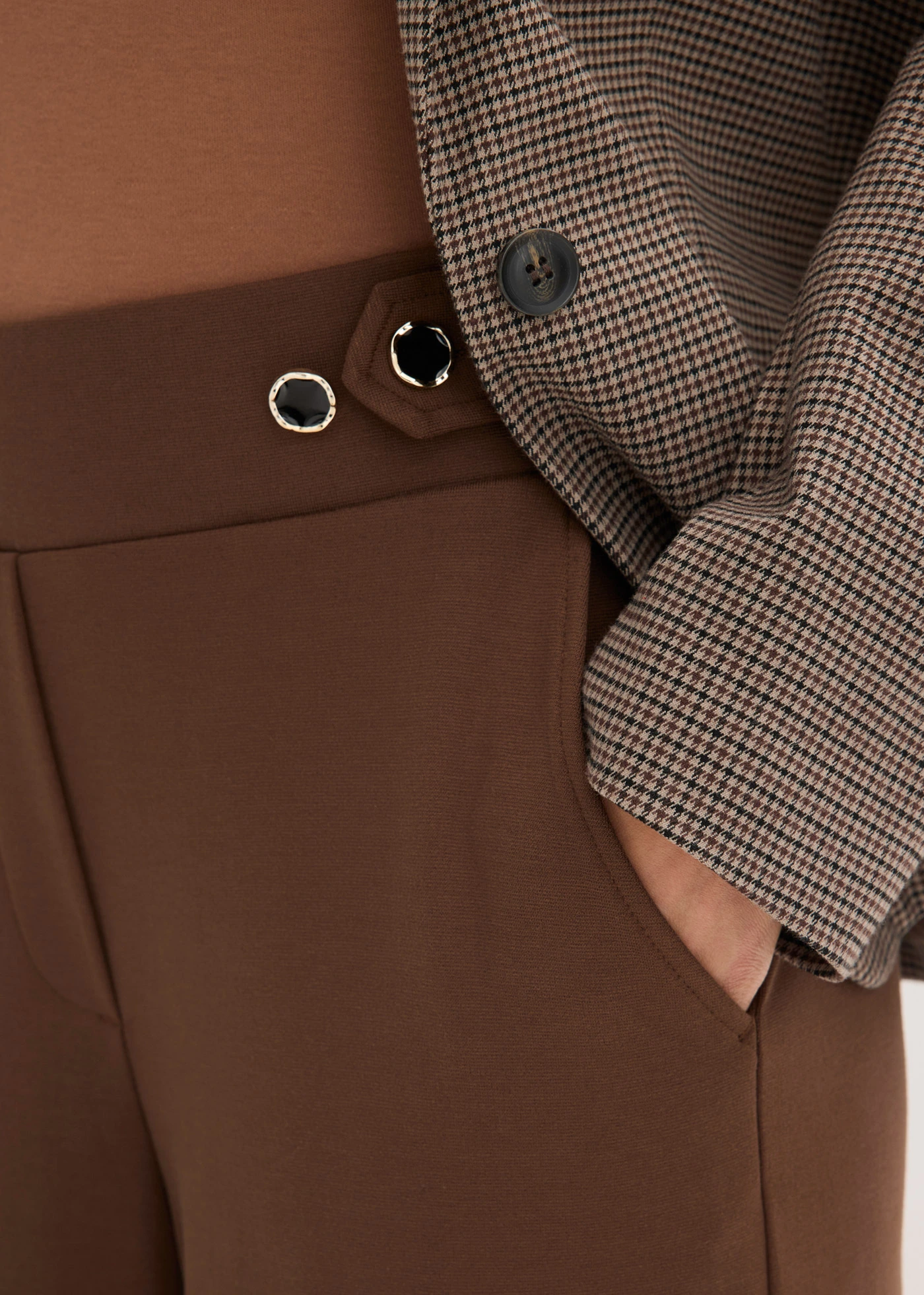 Jersey broek met decoratieve tailleband • bruin • bonprix online shop