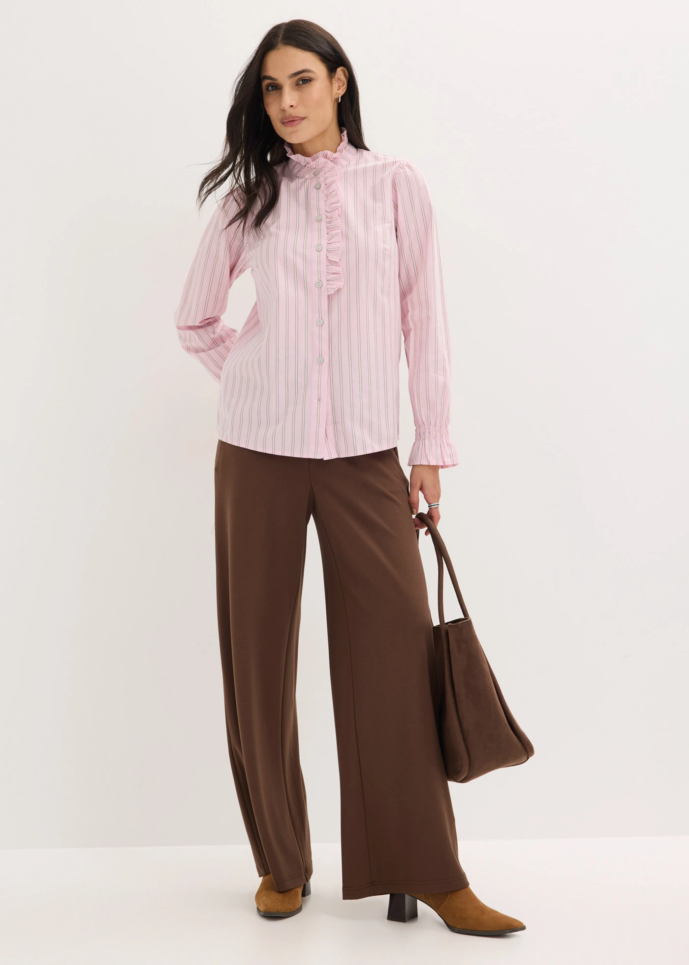 Blouse en popeline à col volanté • rose cristal-jaune clair-bleu arctique rayé • Boutique bonprix