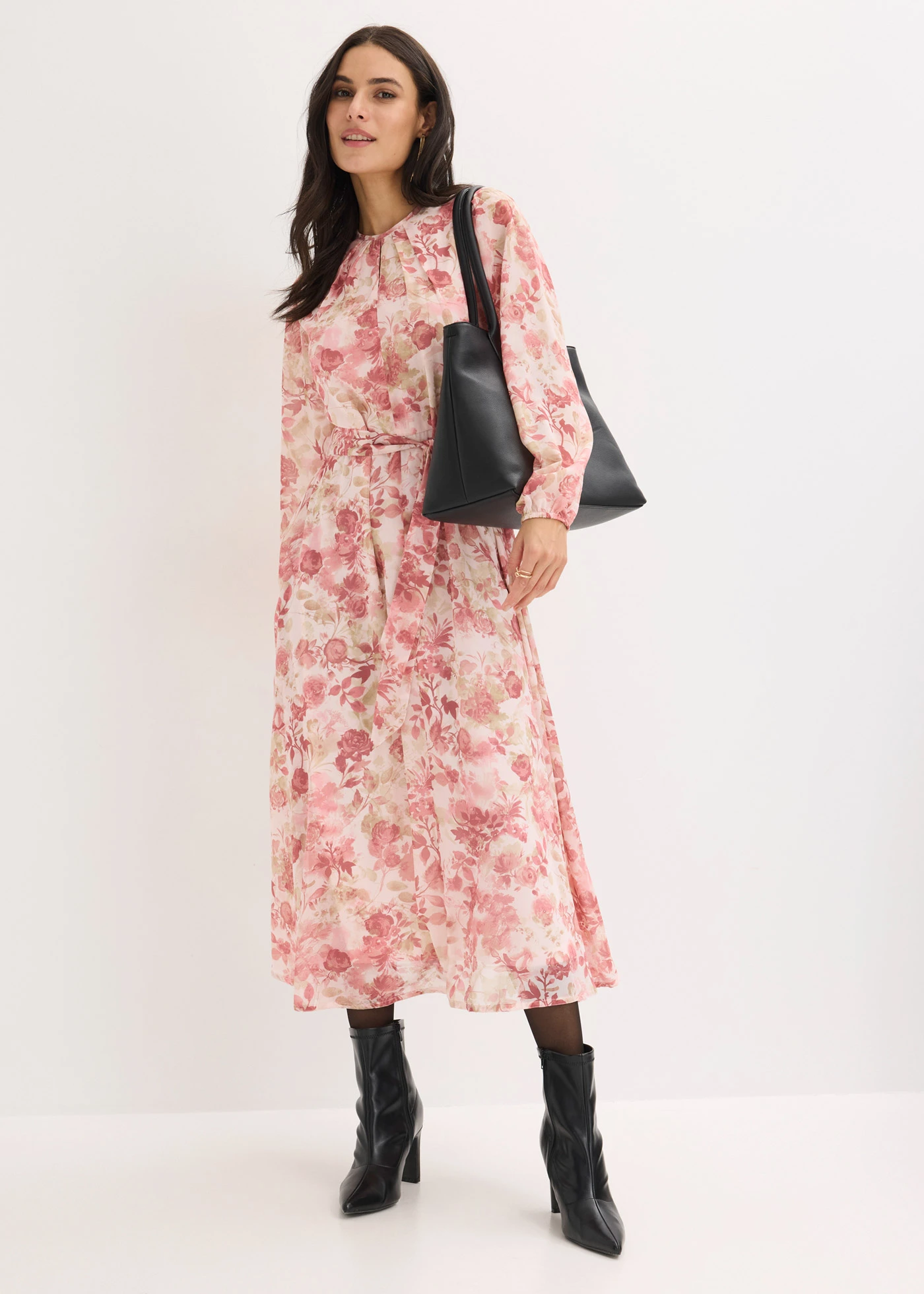 Rochie din șifon cu cordon (set de 2 piese) • roz deschis înflorat • magazin bonprix