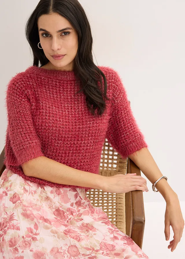 Pulóver laza kötésmintával cseresznyepiros/világos homok melírozott