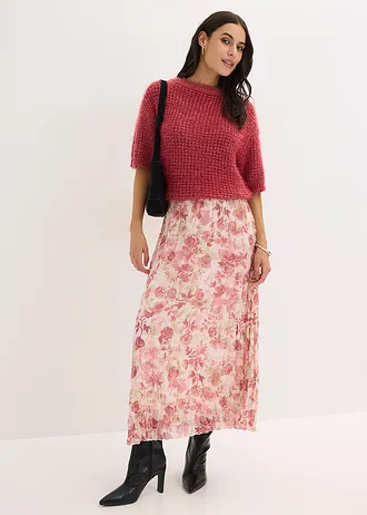 Pull en grosse maille poilue, Couleur: rouge cerise/sable clair chiné