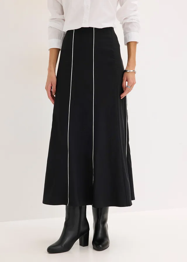 Jupe longue et extensible en bengaline, Couleur: noir-écru