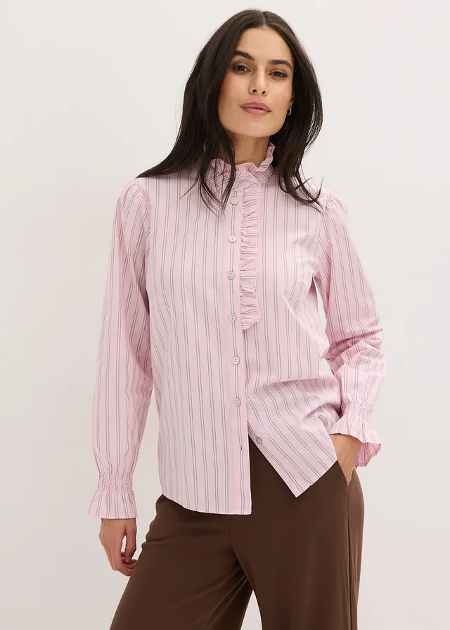 Popeline blouse met rucheskraag, Kleur: kristalroze-lichtgeel-arctisch blauw gestreept
