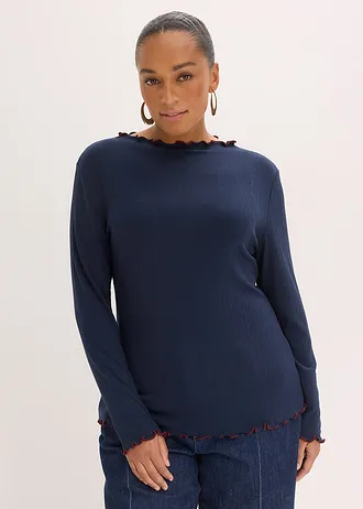 Geribd longsleeve, Kleur: donkerblauw-robijnrood