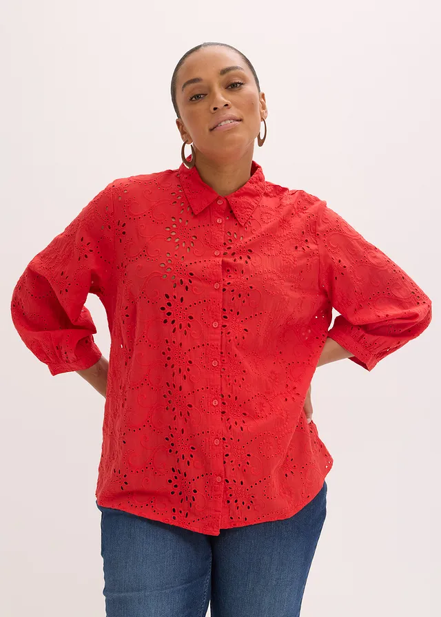 Blouse met broderie anglaise, Kleur: aardbeirood