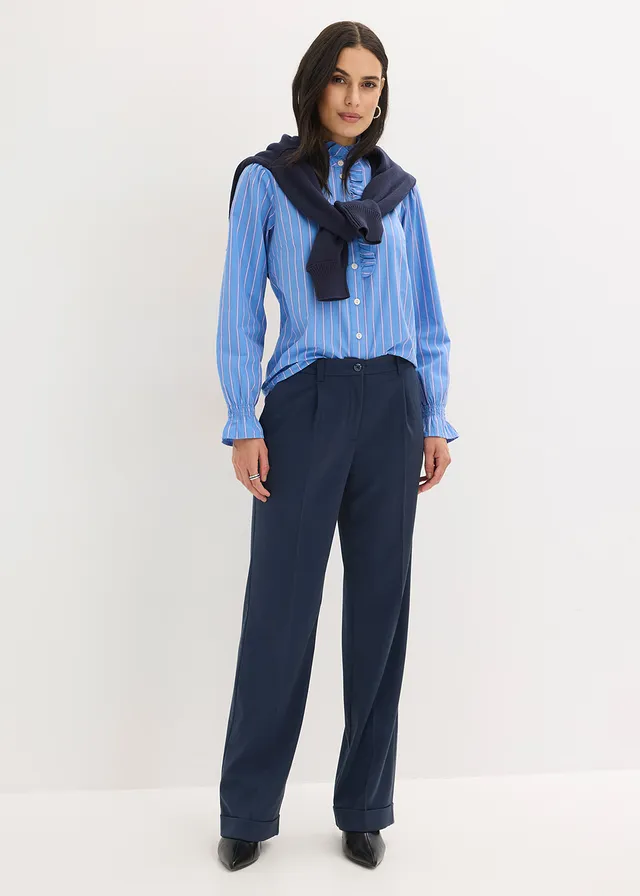Popeline blouse met rucheskraag, Kleur: middenblauw/wit/pinklady gestreept