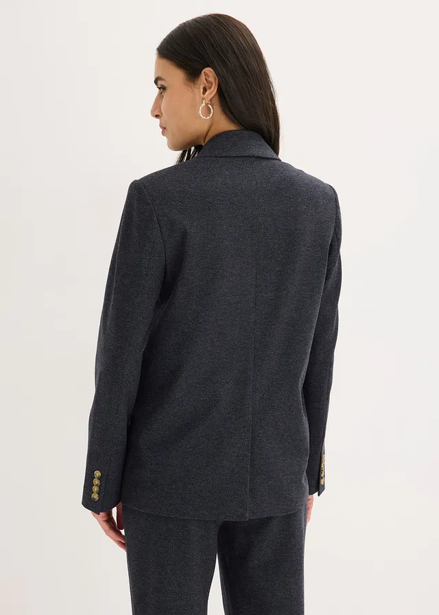 Stretch blazer met één rij knopen, Kleur: donkerblauw gemêleerd