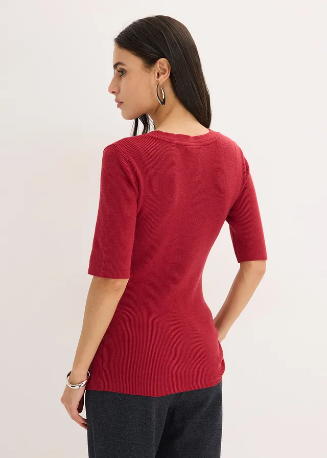 Geribde trui met korte mouw, Kleur: kersenrood