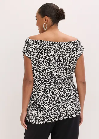 Top met plooitjes, Kleur: wit-zwart gedessineerd