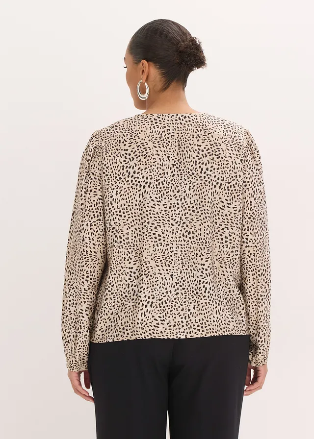 Blouse in een viscosemix, Kleur: wolwit-zwart luipaardprint