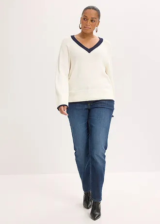 Pull à rayures contrastantes, Couleur: blanc nacré/bleu foncé