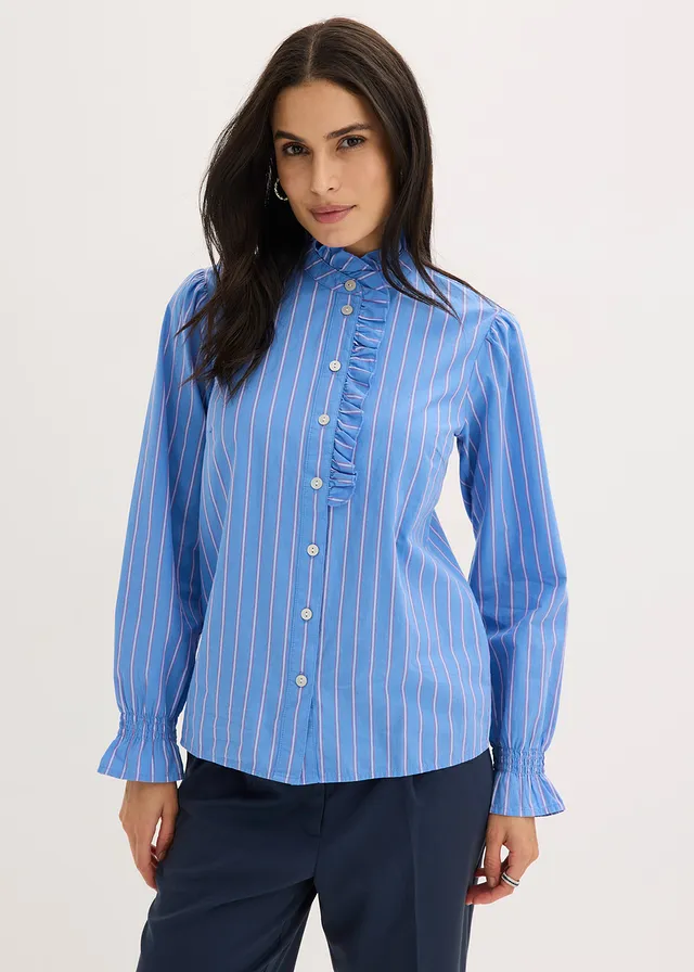 Popeline blouse met rucheskraag, Kleur: middenblauw/wit/pinklady gestreept