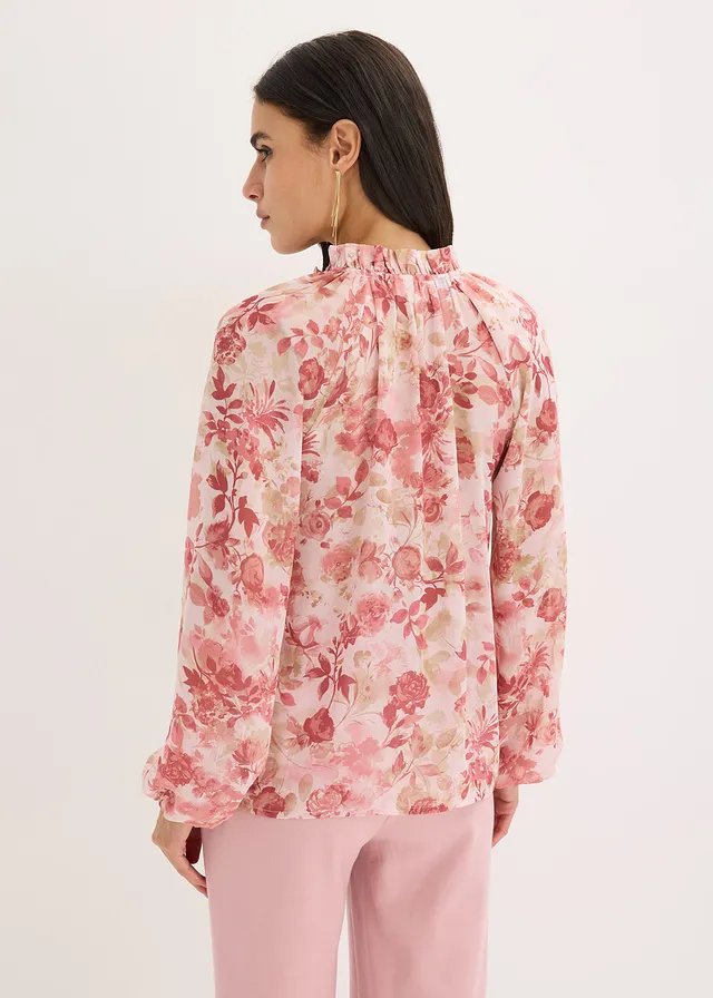 Chiffon tuniek met strikdetail, Kleur: lichtroze gebloemd